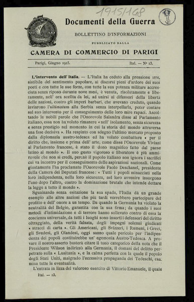 Documenti della guerra : bollettino d'informazioni pubblicato dalla Camera di commercio di Parigi